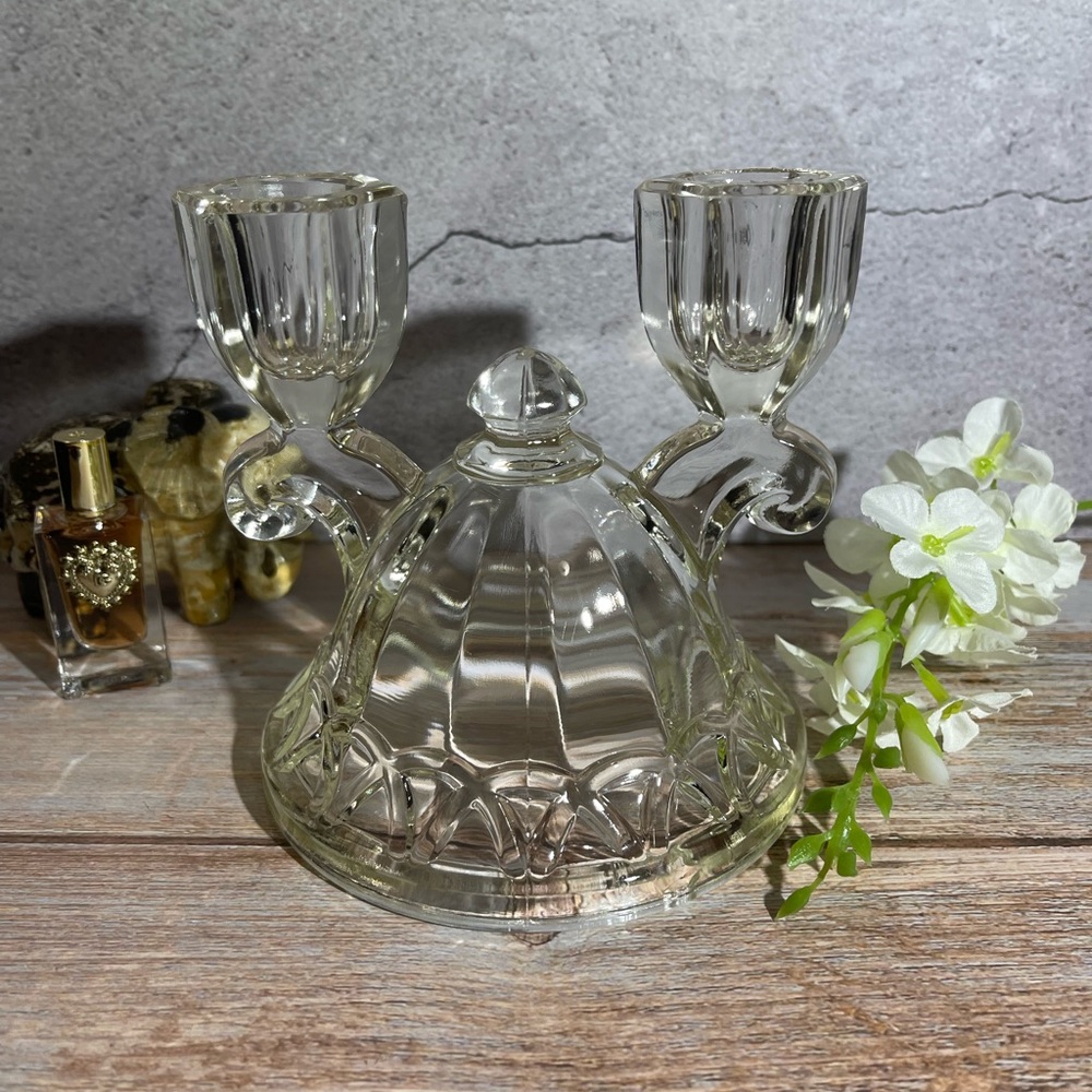 Vintage Imperial Glass Lace Double Light Crystal Candle Holder 4.5 inches - Picture 3 of 10